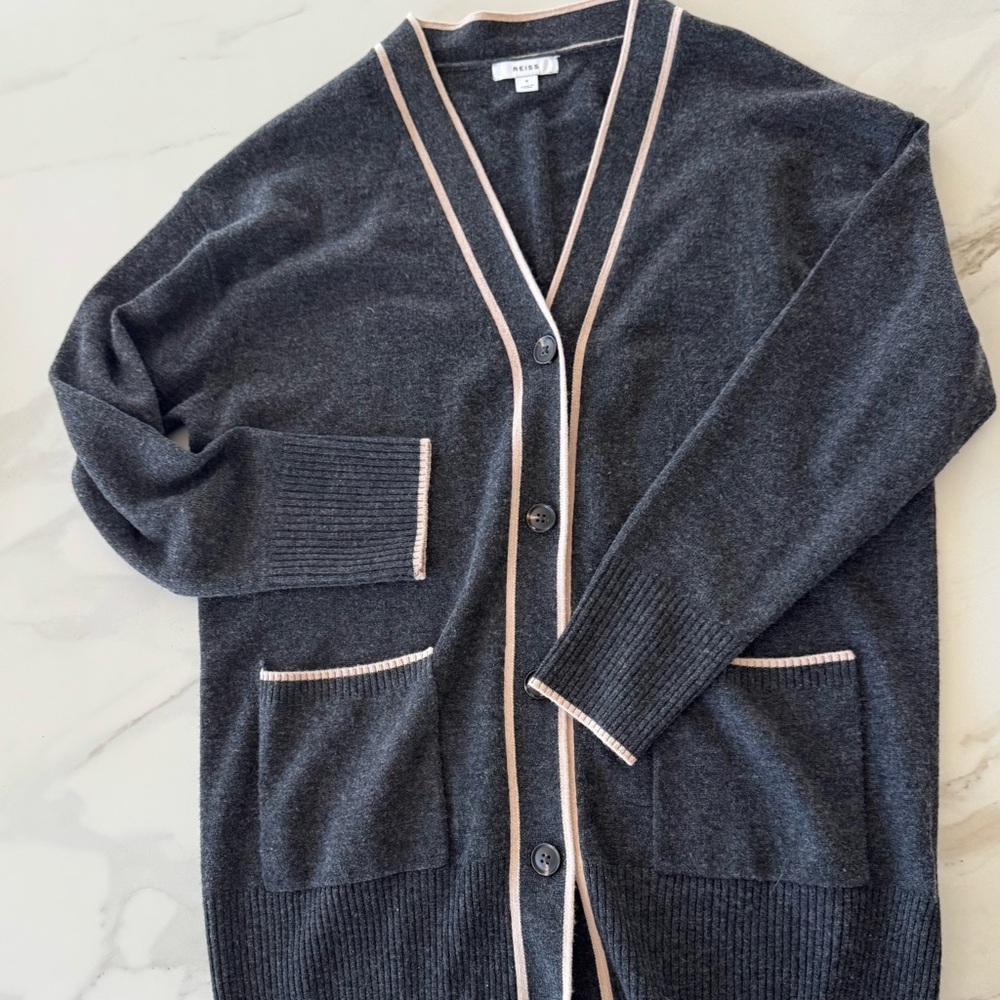 Gray Cardigan Sweater with Pink Trim